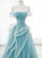 Off Shoulder Lace-up Formal Dress,Blue Birthday Dress Pretty Prom Dress